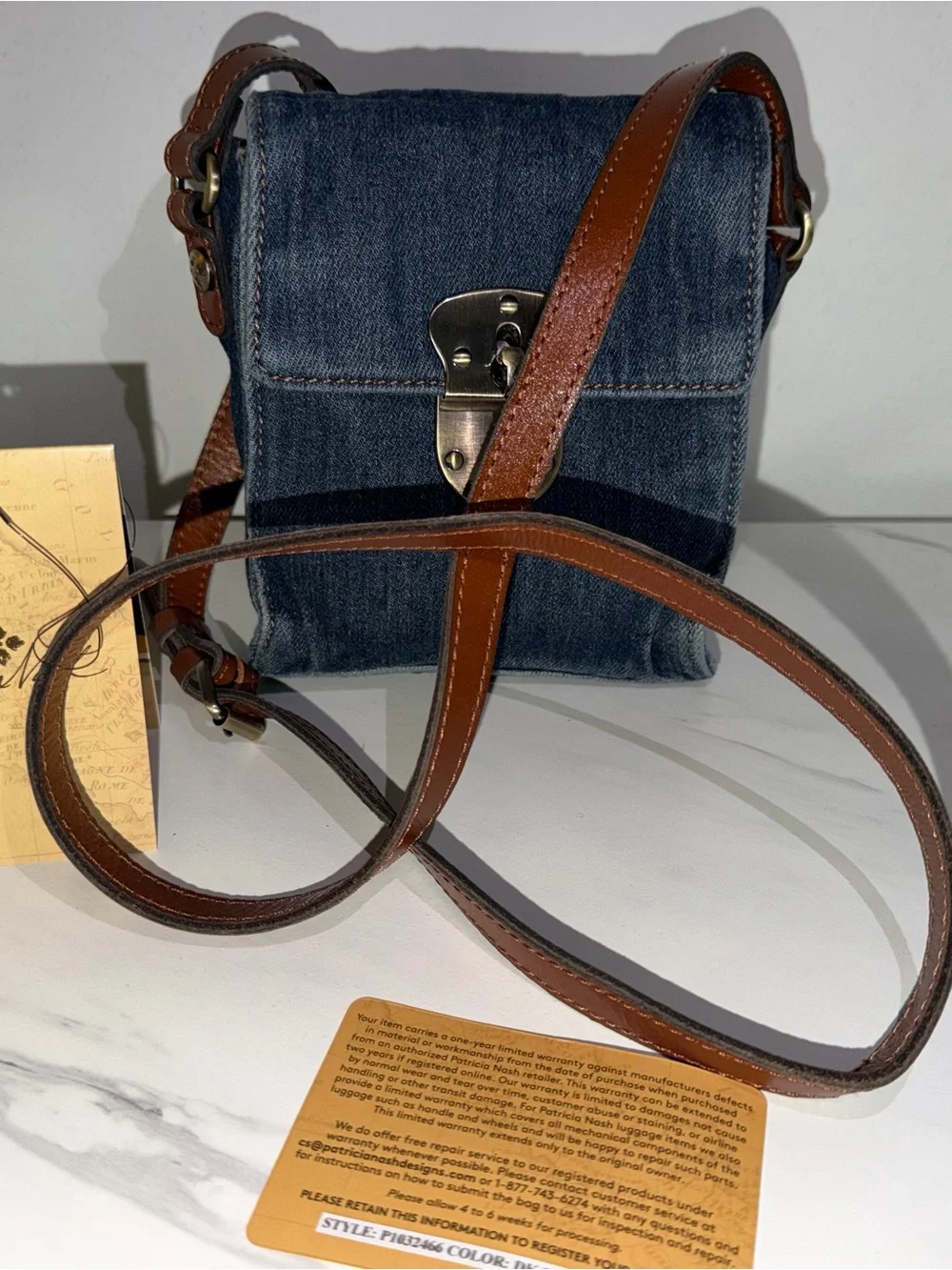 Denim Crossbody Bag with Brown Leather Strap